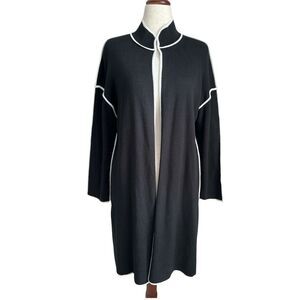 MarlaWynne Black Open Front Knit Cardigan Jacket Contrast White Trim Size M NWT